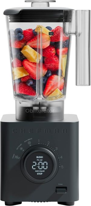 Chefman Obliterator 48 oz Countertop Blender for Smoothies. 1380W Motor to Crush Ice. Nuts. and Frozen Fruit with Stainless Steel Blade. Auto Blend Function. Includes Tamper and Scraper