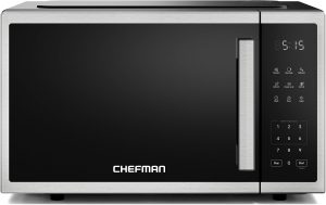 Chefman Countertop Microwave Oven 0.9 Cu. Ft.. 1000 Watts with 10 Power Levels. 3 Cooking Presets with One-Touch Express Cook. 2 Defrost Settings. Child Safety Lock. & Mute Button ?C Stainless Steel