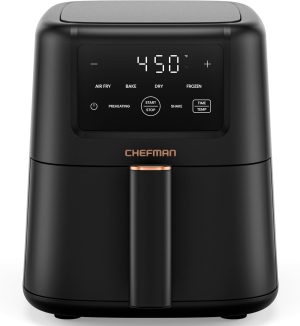 Chefman Compact Air Fryer 3.5 QT - Slim Design Fits Small Kitchens. 4-in-1 Air Fry. Bake. Dehydrate. Frozen. 450??F Max Temp. Narrow Footprint Saves Counter Space. Nonstick Ceramic. Dishwasher-Safe