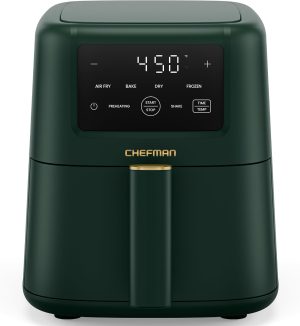 Chefman Compact Air Fryer 3.5 QT - Slim Design Fits Small Kitchens. 4-in-1 Air Fry. Bake. Dehydrate. Frozen. 450??F Max Temp. Narrow Footprint Saves Counter Space. Nonstick Ceramic. Dishwasher-Safe
