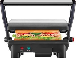 Chefman Electric Panini Press Grill. Compact 2-Slice Sandwich Maker. Non-Stick Coated Plates. Opens 180 Degrees. Dishwasher Safe. Removable Drip Tray. Stainless Steel/Black