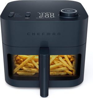 Chefman Crispinator Air Fryer 6-in-1 with 8 Qt capacity. 450??F Max Temp with TurboFry Pro Technology for Fast and Even Results. Viewing Window. Nonstick Ceramic Basket
