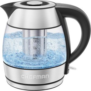 CHEFMAN Electric Kettle - 1.2L 1500W Hot Water Tea Pot with Infuser. BPA Free. Auto Shut Off. Boil-Dry Protection. Removable Lid. LED Light. Cordless Glass Electric Tea Kettle ?C Stainless Steel