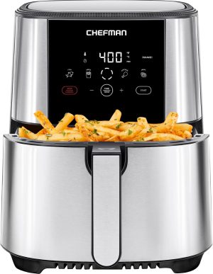 Chefman TurboFry Touch Air Fryer. Large 5-Quart Family Size. One Touch Digital Control Presets. French Fries. Chicken. Meat. Fish. Nonstick Dishwasher-Safe Parts. Automatic Shutoff. Stainless Steel