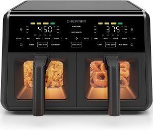 Chefman Dual Air Fryer Oven with DC Motor. 9 Qt. Double Basket Air Fryer with 450??F Max Temp for Meals in Minutes. Bake. Broil. Dehydrate. Reheat for Extra-Crispy Chicken. Fries. and More - Black