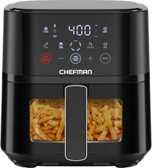 Chefman Air Fryer ?C 4 QT Compact Airfryer for Quick & Easy Meals. Features Hi-Fry Technology for Extra Crisp. Easy-View Window. Touch Controls with 4 Presets. Nonstick & Dishwasher Safe Basket - Black