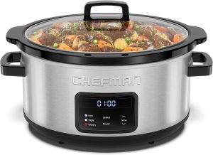 Chefman Slow Cooker 7 Quart. Large Family Size Programmable Digital Slow Cooker with 24-Hour Timer. Low. High & Warm Settings. Ceramic Crock. Tempered Glass Lid. Dishwasher-Safe. Stainless Steel