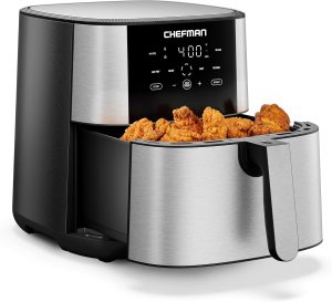 Chefman Air Fryer 8 Qt | TurboFry? 4-in-1 with 450??F Hi-Fry Option for Crispier Results | Bake. Dehydrate. Frozen | XL Nonstick Dishwasher-Safe Basket | Stainless Steel