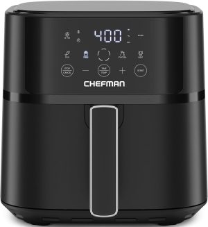 Chefman Air Fryer ?C 6 QT Compact Airfryer for Quick & Easy Meals in Minutes. Features Hi-Fry Technology for Extra Crisp. Touchscreen Controls with 4 Presets. Nonstick & Dishwasher Safe Basket - Black