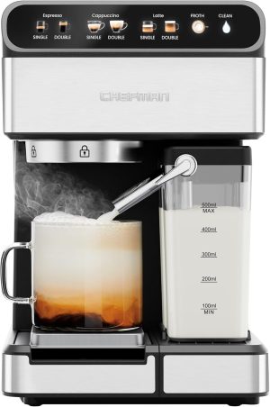 Chefman Caf??Master Pro Espresso Machine. Brew Single or Double Shots. Coffee Maker with Built-In Milk Frother for Cappuccino & Latte. XL 1.8 Liter Removable Water Reservoir - Stainless Steel