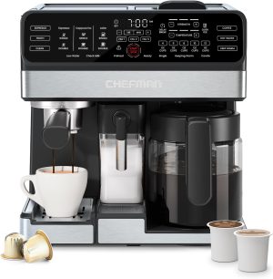 Chefman Coffee Maker Espresso Machine Combo. 8-in-1 Coffee Station with Automatic Milk Frother for Lattes. Cappuccinos. Macchiatos. 20-Bar Pump. 12-Cup Carafe & 3L Water Tank - Black