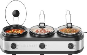 Chefman Triple Slow Cooker & Food Warmer. Three Crock Slowcooker with 2.5 Qt. Ceramic Crocks. 7.5-Quart Total Capacity. PFAS-Free. Three Temperature Settings. Dishwasher-Safe Parts ?C Stainless Steel