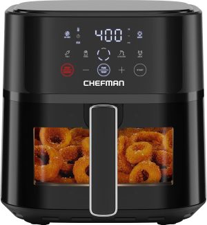 Chefman Air Fryer ?C 6 QT Compact Airfryer for Quick & Easy Meals. Features Hi-Fry Technology for Extra Crisp. Easy-View Window. Touch Controls with 4 Presets. Nonstick & Dishwasher Safe Basket - Black