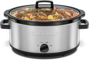 Chefman Slow Cooker 7 Quart. Large Family Size Slow Cooker with Low. High & Warm Settings. Removable Ceramic Crock. Tempered Glass Lid. Dishwasher-Safe for Easy Cleanup. Stainless Steel