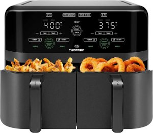 Chefman 6 Quart Dual Basket Air Fryer - Digital Touchscreen. Smart Sync Finish. Hi-Fry. Auto Shutoff. 2 Independent 3QT Nonstick Dishwasher-Safe Frying Baskets - Digital Double Air Fryer - Black