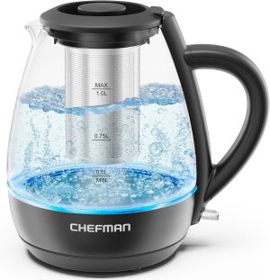 Chefman Electric Kettle with Tea Infuser. Compact 1L (4 Cups). 1500W. Removable Lid for Easy Cleaning. Boil-Dry Protection. Stainless Steel Filter. BPA Free. Auto Shut Off. Small Electric Tea Kettle