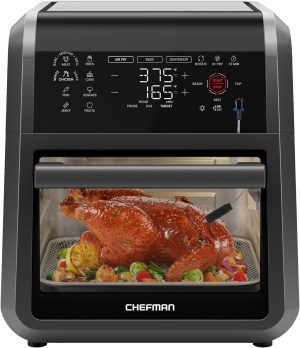 CHEFMAN ExacTemp? 12 Quart 5-in-1 Air Fryer with Integrated Smart Cooking Thermometer. 28 Touchscreen Presets. Rotisserie. Dehydrator. Bake. XL Convection Oven with Auto Shutoff. Black
