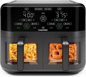 CHEFMAN 6 Quart Dual Basket Air Fryer Oven with Easy View Windows. Sync Finish. Hi-Fry. Auto Shutoff. 2 Independent 3Qt Nonstick Dishwasher Safe Frying Baskets. Digital Double Air Fryer - Black