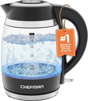 Chefman Electric Kettle. 1.8L 1500W. Hot Water Boiler. Removable Lid for Easy Cleaning. Auto Shut Off. Boil-Dry Protection. Stainless Steel Filter. BPA Free. Borosilicate Glass Electric Tea Kettle