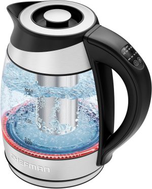 Chefman Electric Kettle with Temperature Control. 5 Presets LED Indicator Lights. Removable Tea Infuser. Glass Tea Kettle & Hot Water Boiler. 360?? Swivel Base. BPA Free. Stainless Steel. 1.8 Liters