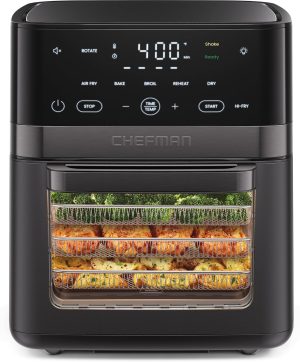 Chefman Air Fryer 6-in-1. XL 14-Quart Multifunctional Airfryer with Touchscreen Controls. Rotisserie. Food Dehydrator. Convection Oven. Bake. Broil. and Reheat Functions. Windowed Door ?C Black