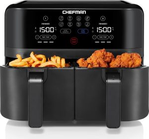 Chefman TurboFry Touch Dual Air Fryer. Maximize The Healthiest Meals With Double Basket Capacity. One-Touch Digital Controls And Shake Reminder For The Perfect Crispy And Low-Calorie Finish